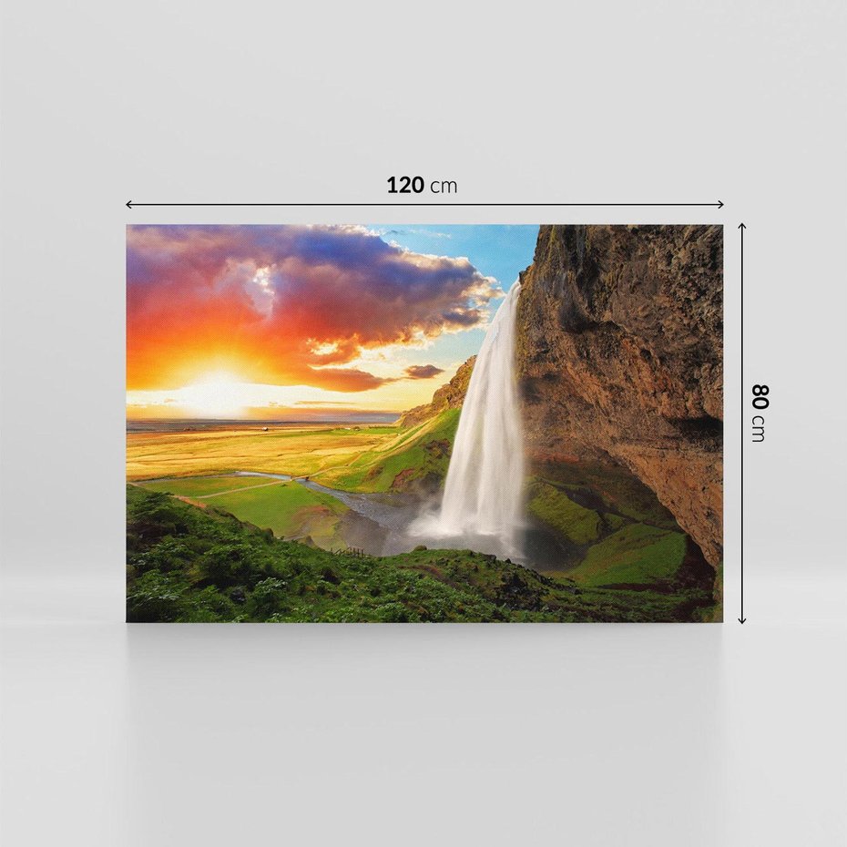 Obraz na płótnie 120x80 - Zachód słońca nad islandzkim wodospadem - Islandia, wodospad