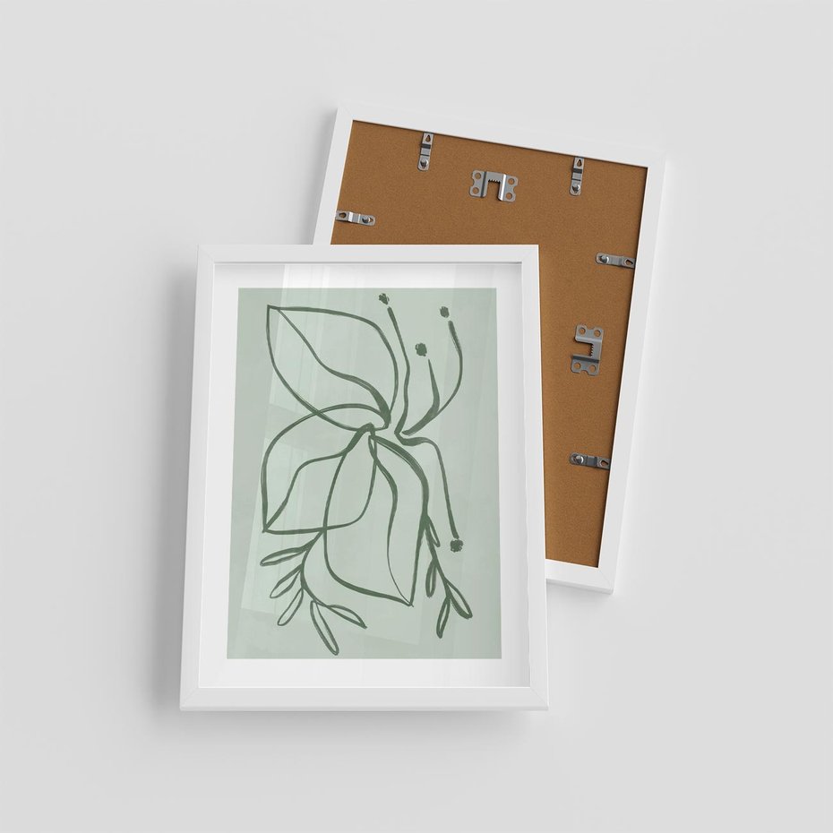 Plakat w ramie 30x40 - Energetyczne Odrodzenie Natury - abstrakcyjne delikatne zielone linie, podobne do gałęzi kwiatów - rama biała