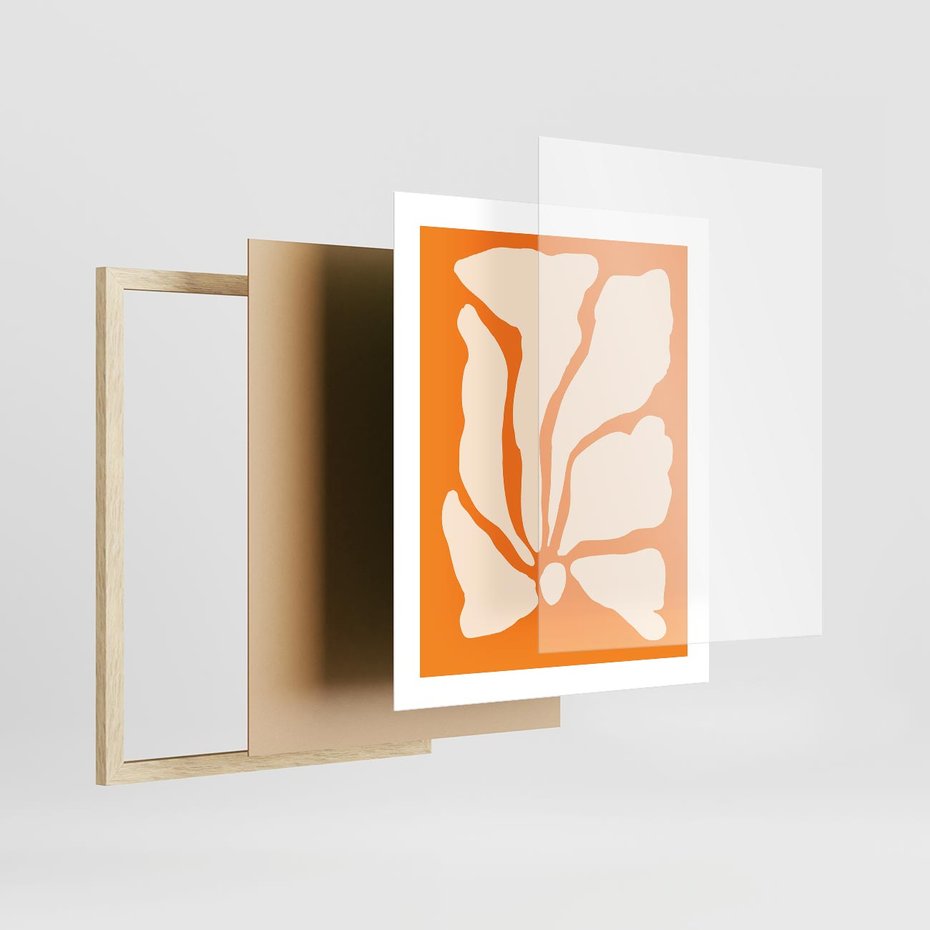 Plakat w ramie 40x50 - Wibracje Barw - abstrakcyjny boho plakat, pomarańczowe tło - rama drewno