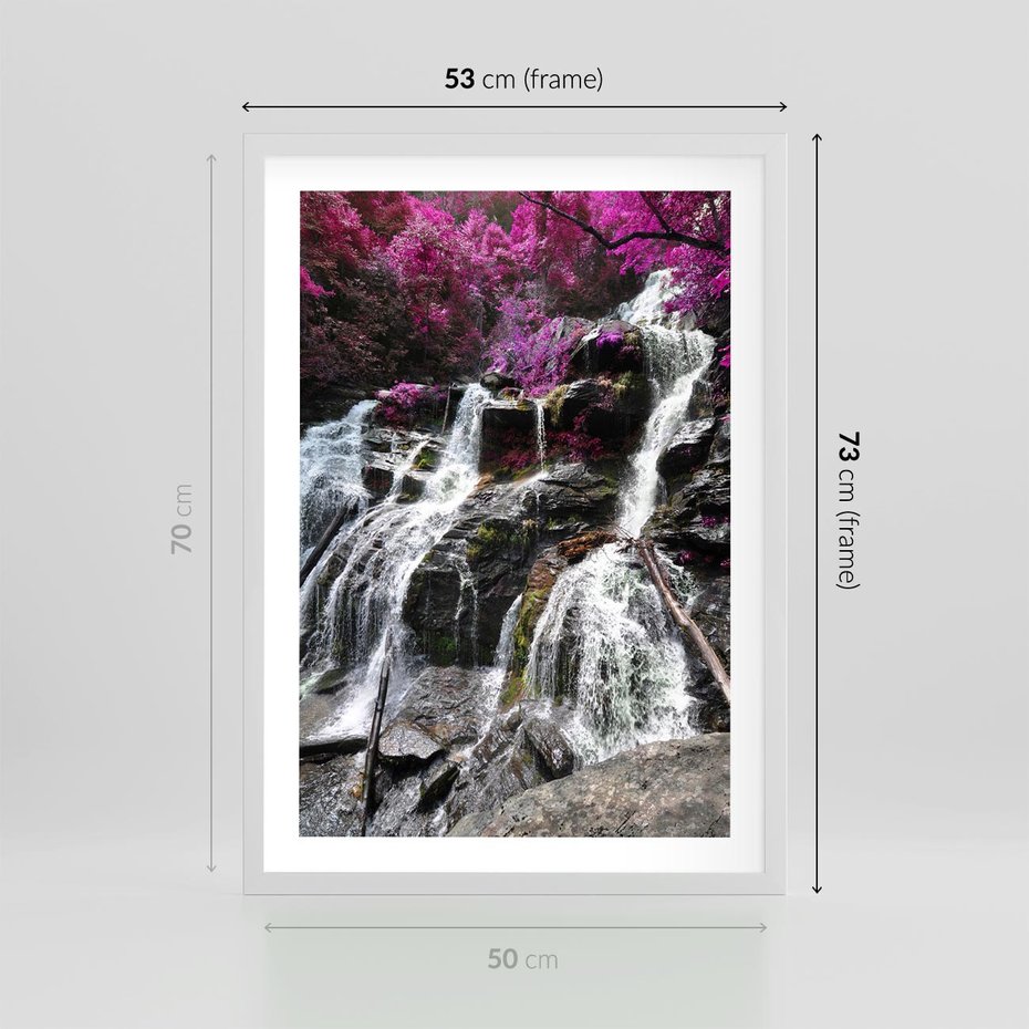 Plakat w ramie 50x70 - Wodospad wśród majestatycznych gór - wodospad, góry - rama biała