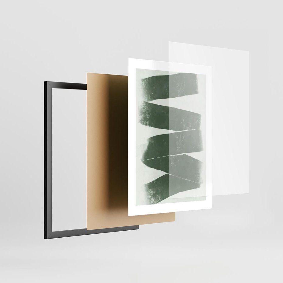 Plakat w ramie 30x40 - Zielone Refleksje - abstrakcja, zgaszony zielony kolor - rama czarna