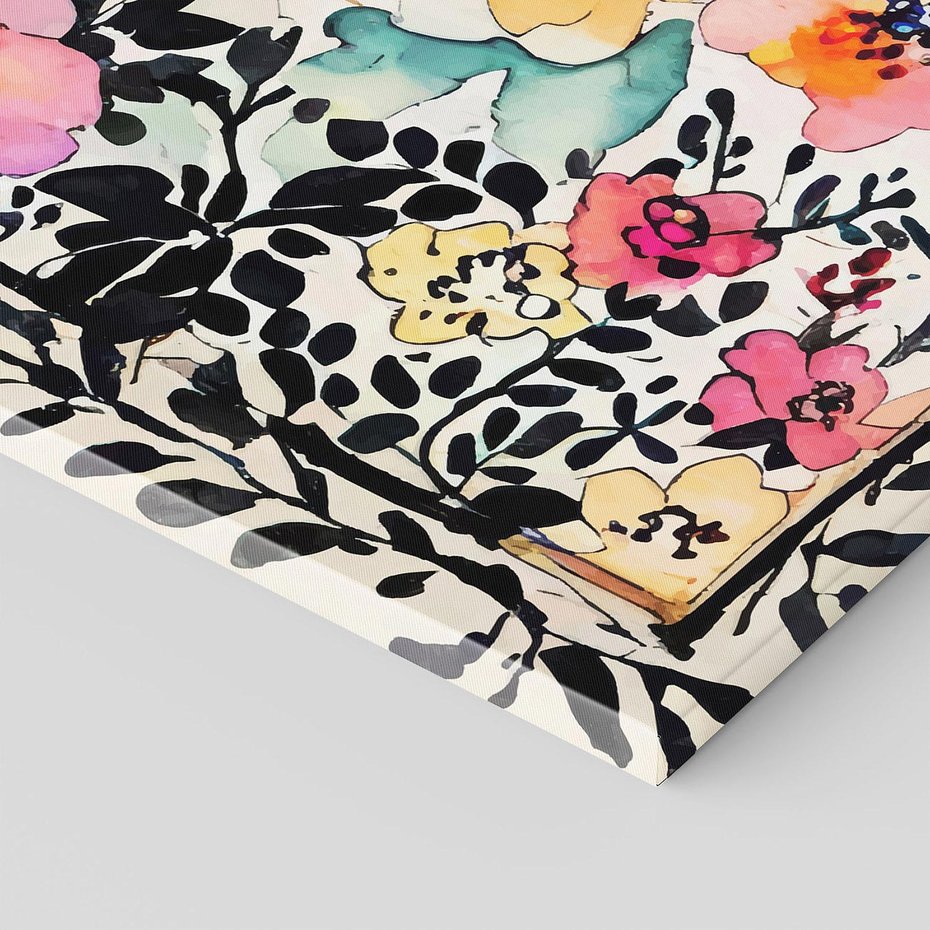 Obraz na płótnie 120x80 - Opowieść w kroplach farb - akwarelowe kwiaty, mocna ornamentowa czarna ramka namalowana dookoła obrazu