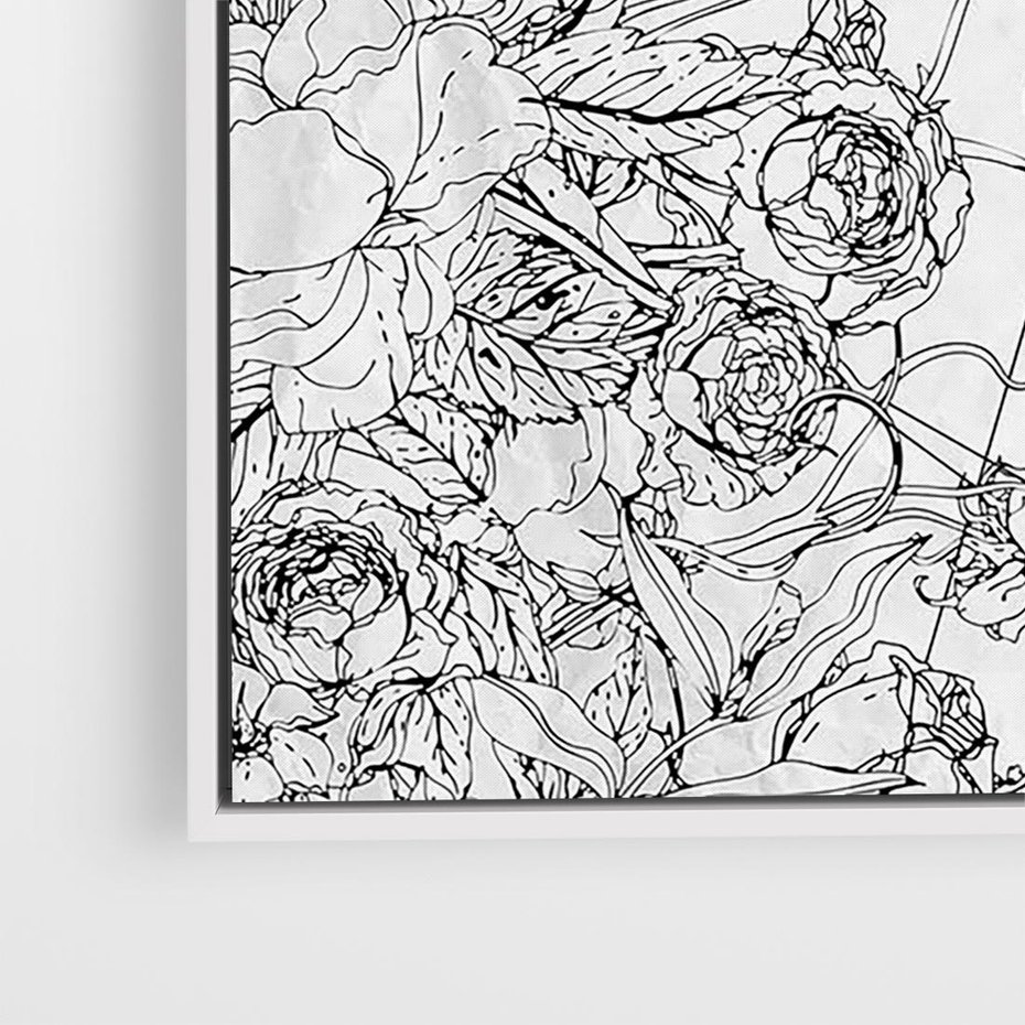 Obraz w ramie 80x80 - Refleksje w martwym punkcie - graficzny szkic, kompozycja kwiatów - rama biała