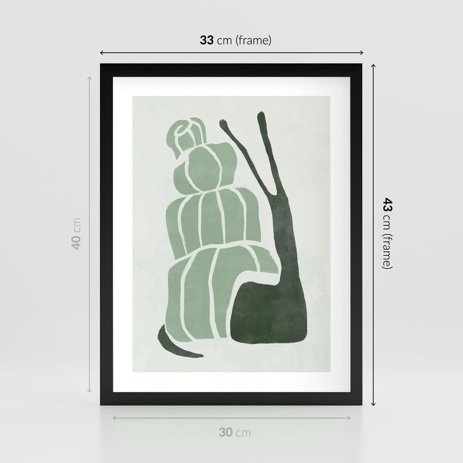 Plakat w ramie 30x40 - Zielona Równowaga - abstrakcyjny zielony ślimak, skandynawski design - rama czarna