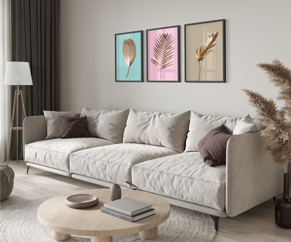 Zestaw obrazy w ramie 40x50 galeria - Złote, liście, palma, pastelowe, gold - rama czarna