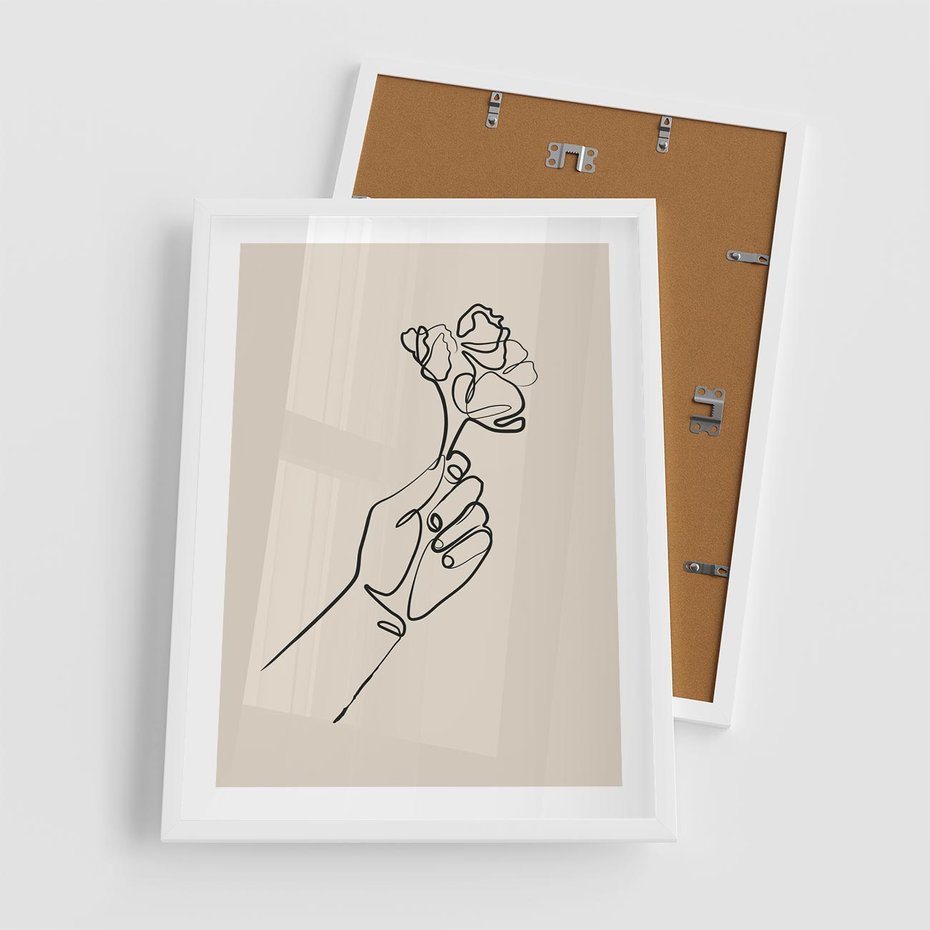 Plakat w ramie 50x70 - Szkic Kwiatu - kwiat w dłoni, szkic - rama biała