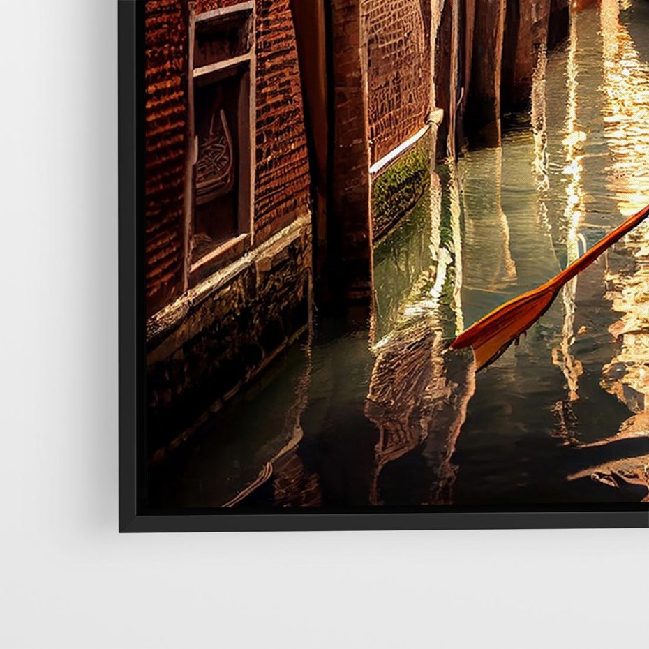 Obraz w ramie 70x50 - Spokojna Wenecja - gondolier w gondoli, kanały Wenecji - rama czarna