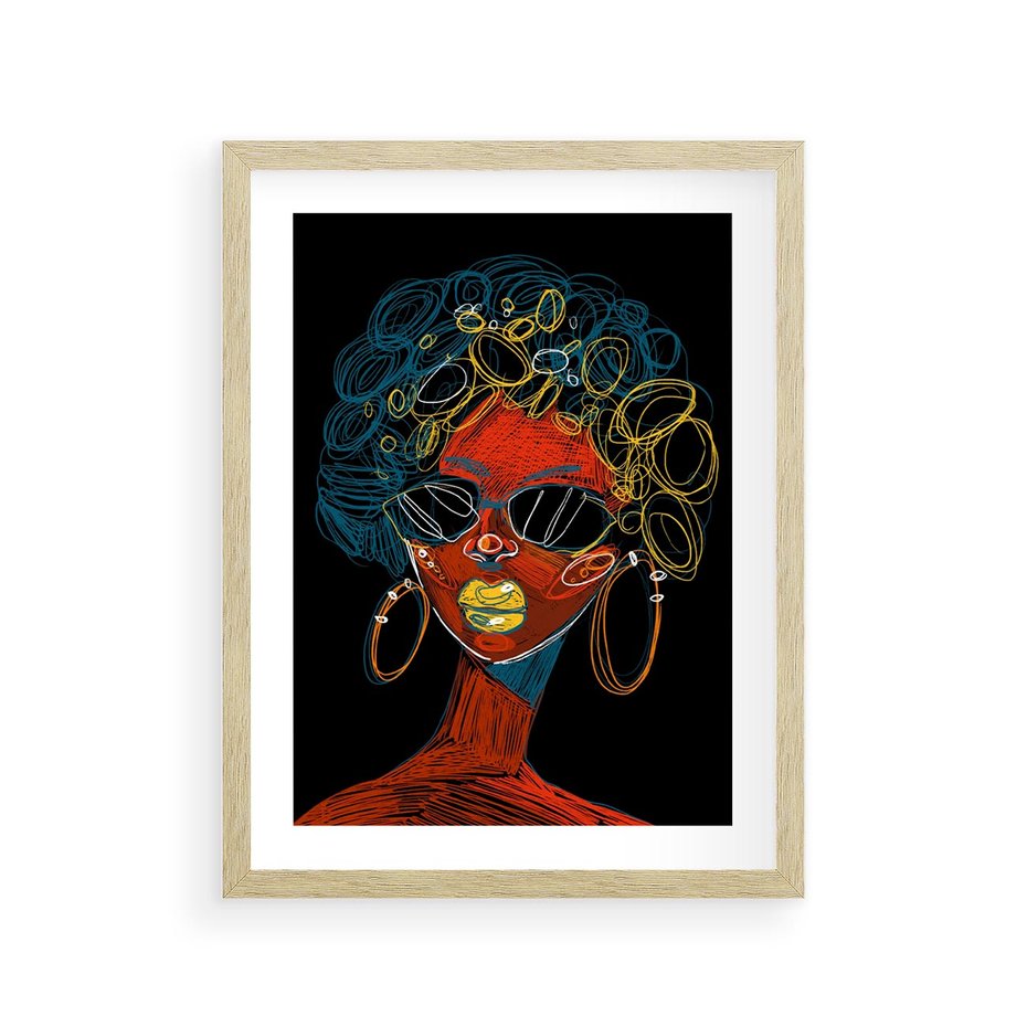 Plakat w ramie 30x40 - Kolorowe Wibracje Rzeczywistości - abstrakcyjny portret kobiety, twarz - rama drewno