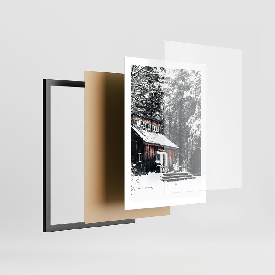 Plakat w ramie 50x70 - Zimowy Urok Drewnianego Domku - zima, drewniany domek - rama czarna