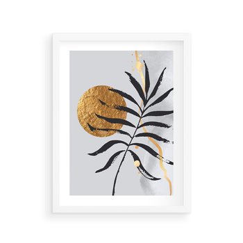 Plakat w ramie 40x50 - Grafika z Czarnym Liściem Palmy - czarny liść palmy, złóte kołó - rama biała
