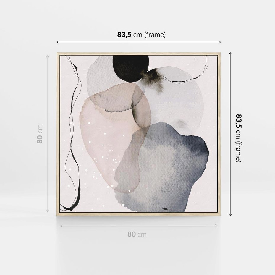 Obraz w ramie 80x80 - Migocące Barwy - abstrakcyjne plamy akwarelowe, czarny szkic - rama drewno