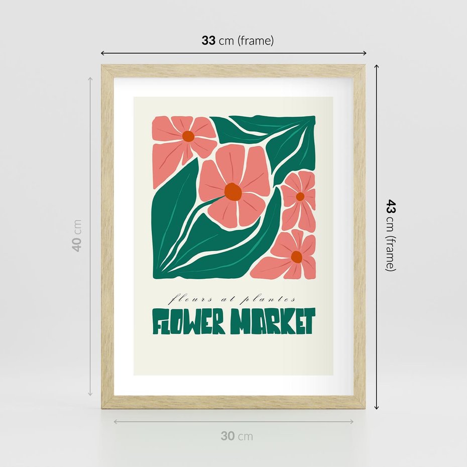 Plakat w ramie 30x40 - Retro Inspiracja - minimalistyczna kwiatowa kompozycja, pastelowe kolory - rama drewno
