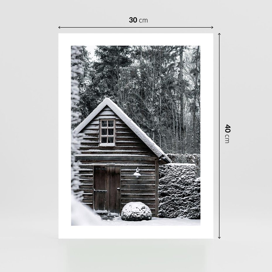 Plakat bez ramy 30x40 - Zaklęta Zima - domek w lesie, śnieg