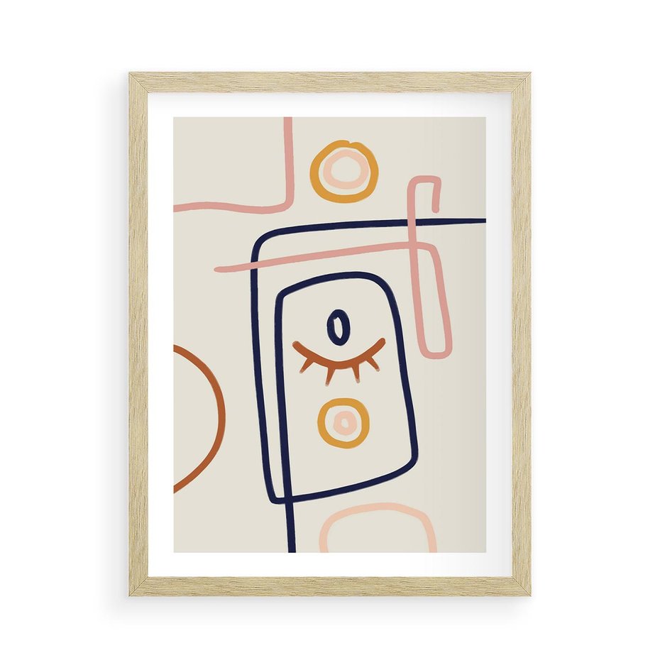 Plakat w ramie 50x70 - Manifestacje Dziwności - abstrakcja w stylu picasso, beżowe tło - rama drewno
