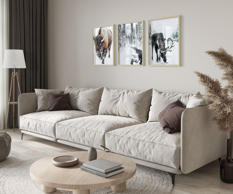 Zestaw obrazy w ramie 30x40 galeria - Bizon, łoś, zima, las - rama drewno