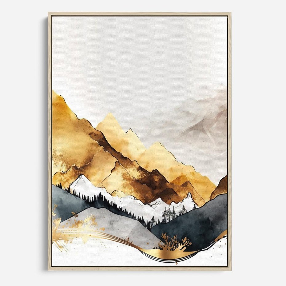 Obraz w ramie 50x70 - Złote Góry - akwarela, graficzne góry - rama drewno