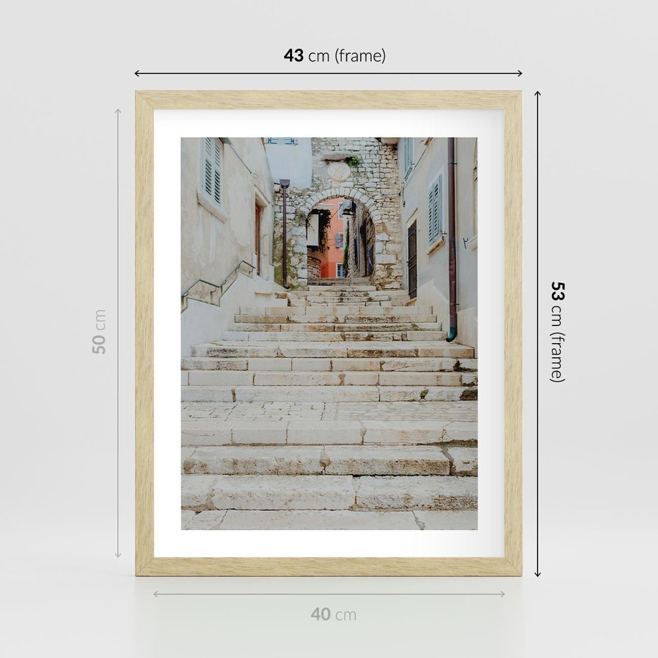 Plakat w ramie 40x50 - Schody we Włoskim Miasteczku - schody, śródziemnomorskie miasteczko - rama drewno