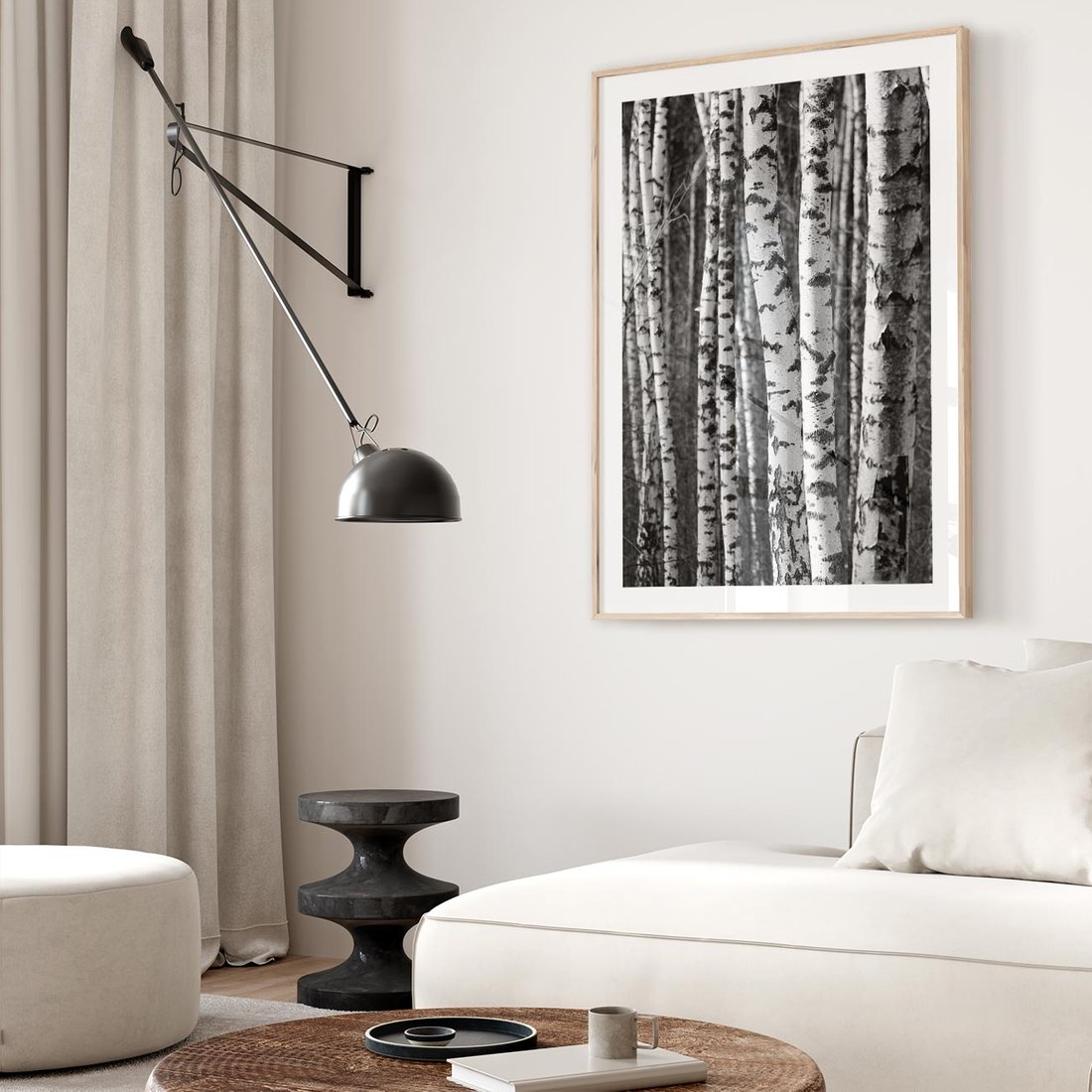 Plakat w ramie 30x40 - Kontrast Monochromatyczny - brzozy, czarno - rama drewno