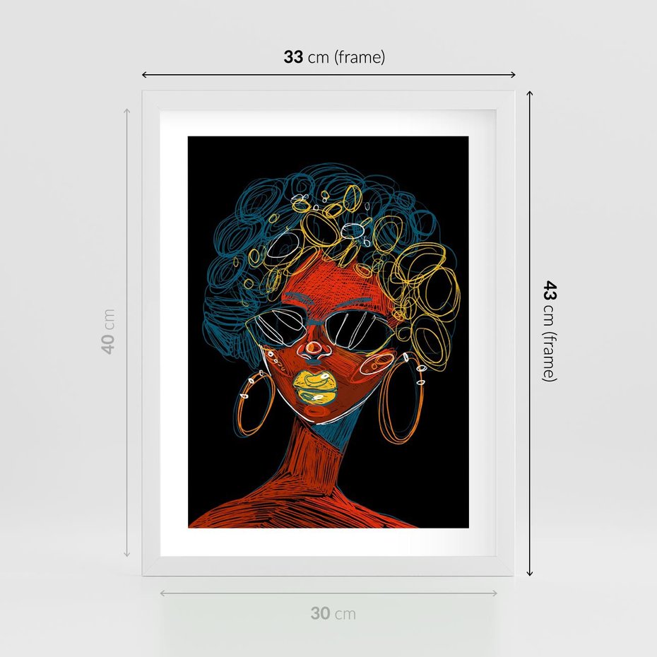 Plakat w ramie 30x40 - Kolorowe Wibracje Rzeczywistości - abstrakcyjny portret kobiety, twarz - rama biała