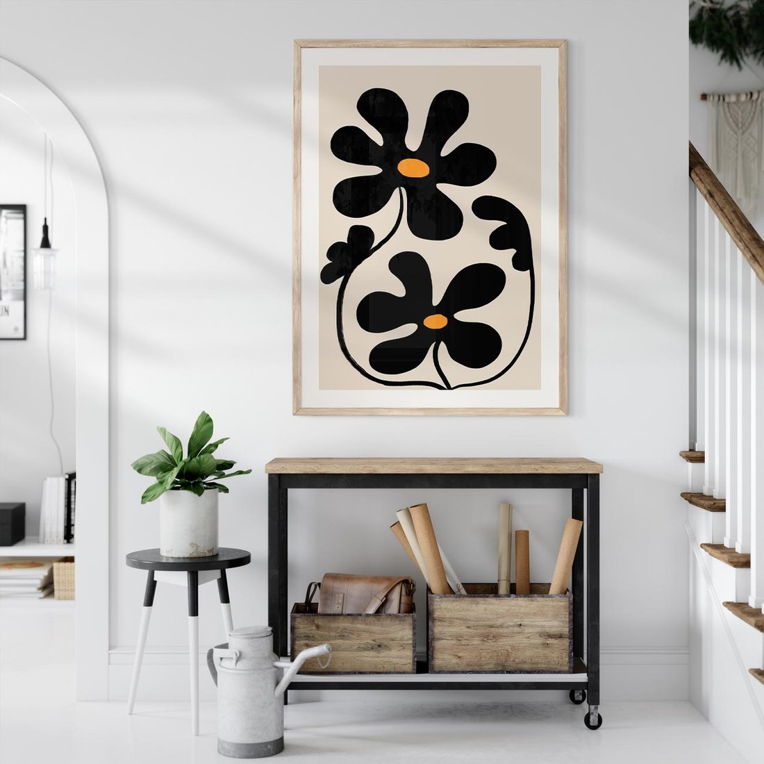 Plakat w ramie 50x70 - Wyjątkowość Boho - minimalistyczny abstrakcyjny obraz, prymitywne kwiaty - rama drewno