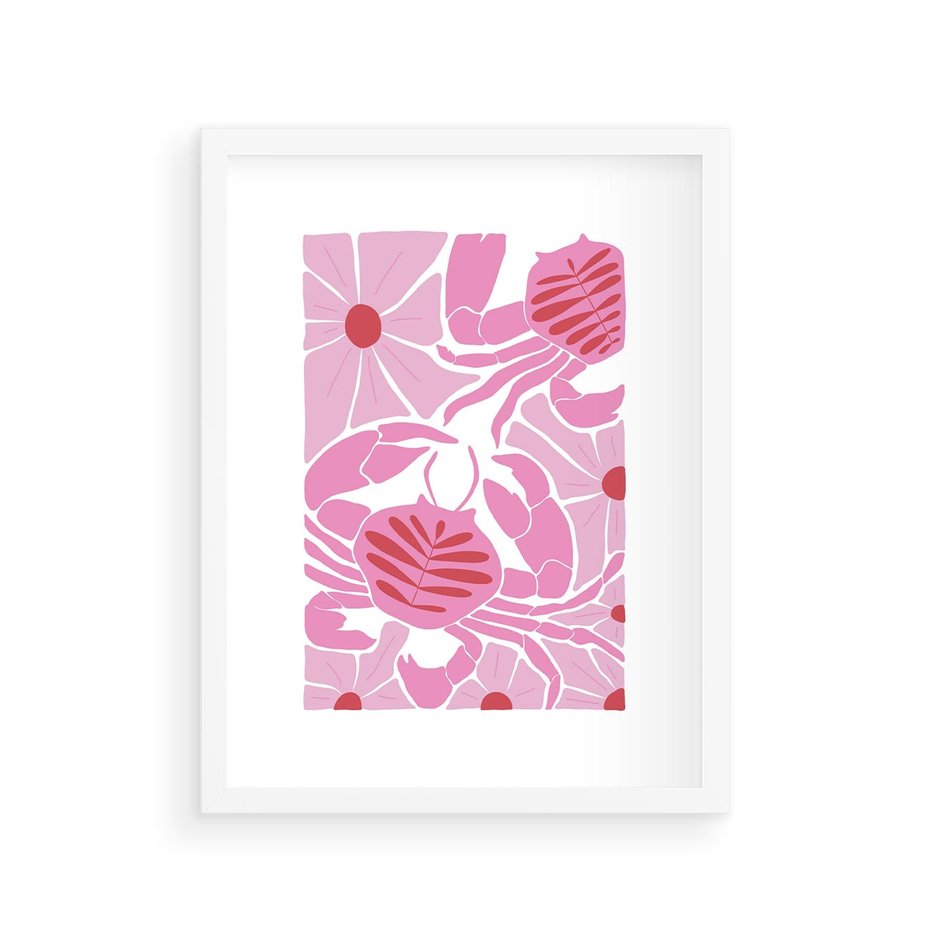 Plakat w ramie 30x40 - Roztańczone Kraby - różowe kwiaty i kraby, abstrakcyjna kompozycja - rama biała