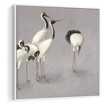 Obraz w ramie 50x50 - Spojrzenie wstecz w pędzlu - szkic rysunek, japońskie żurawie - rama biała