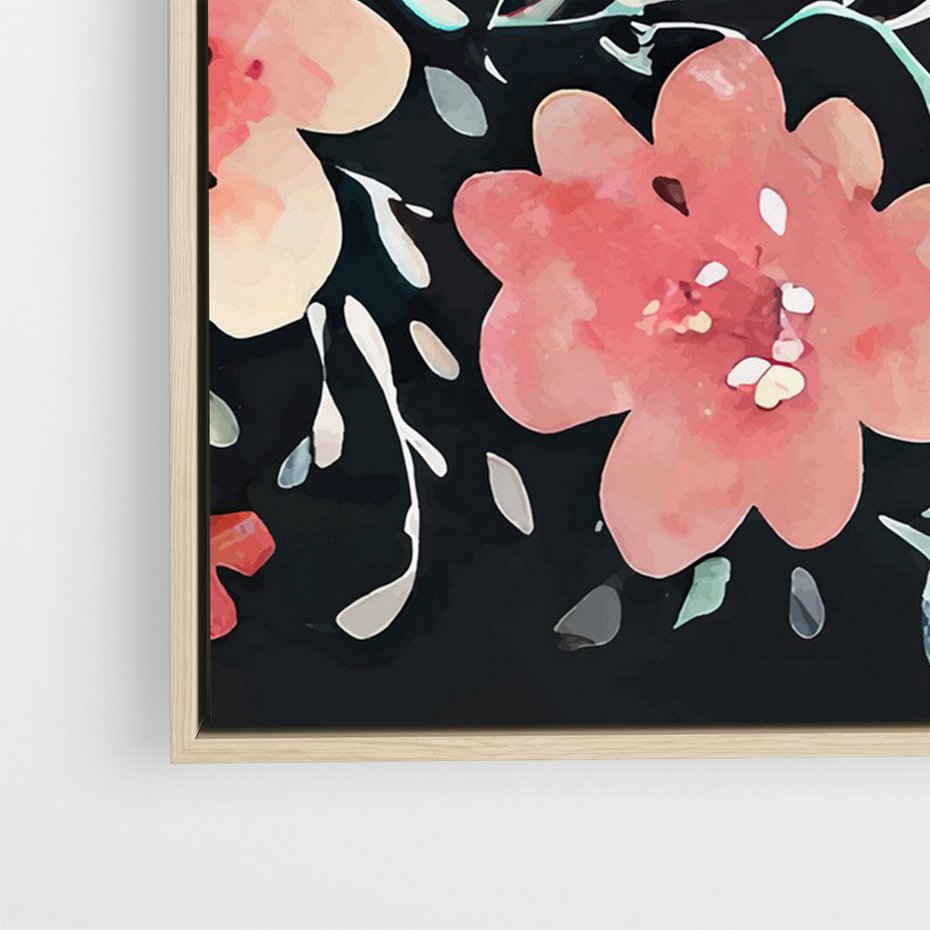 Obraz w ramie 80x120 - Labirynty melancholii - akwarelowe, pastelowe kwiaty na czarnym tle - rama drewno