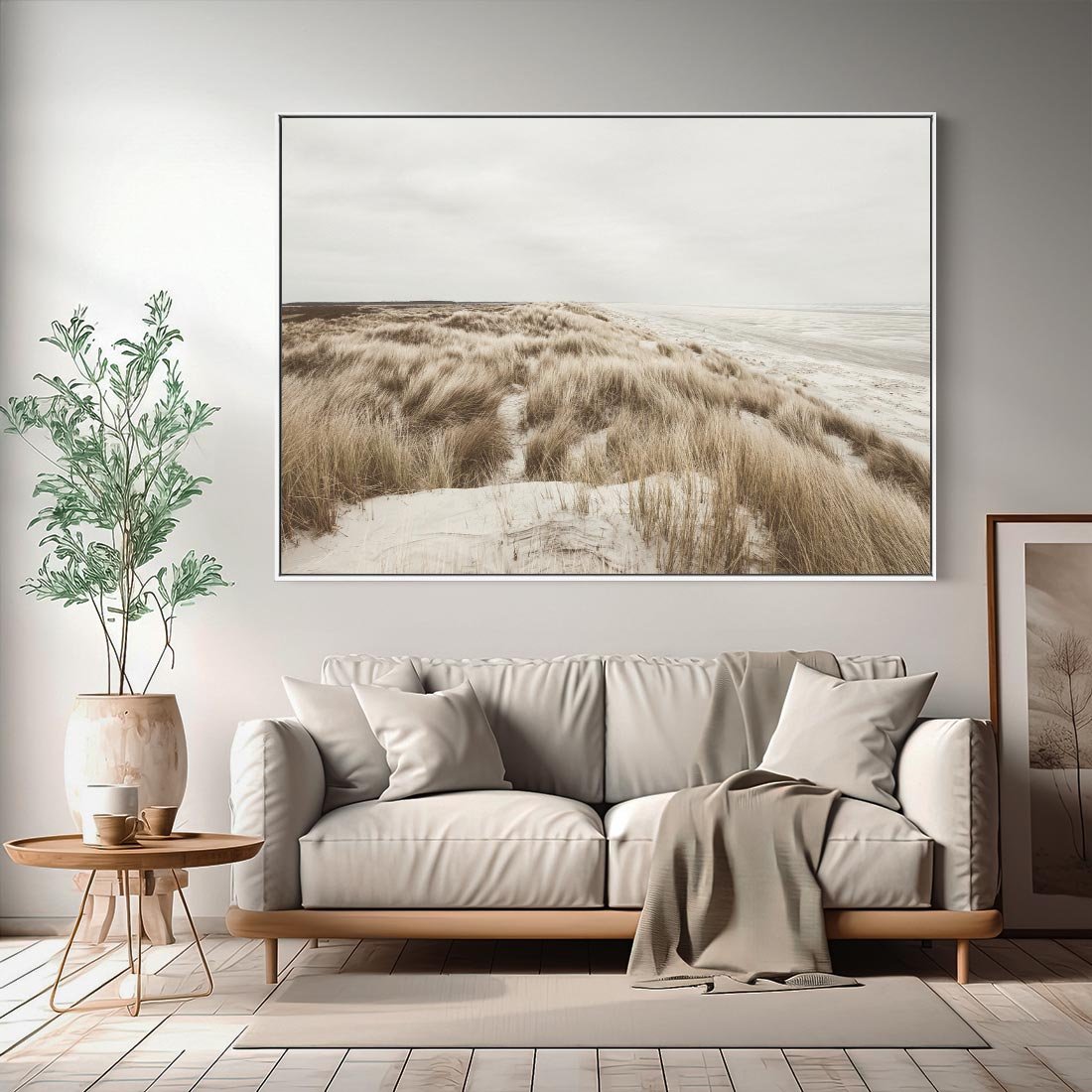 Obraz w ramie 70x50 - Nadmorskie Wydmy - fotografia, kolory sepii - rama biała