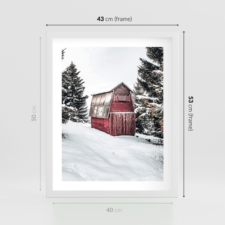 Plakat w ramie 40x50 - Domek w Śnieżnych Górach - domek, góry - rama biała