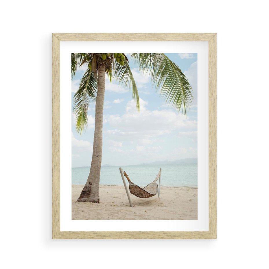Plakat w ramie 40x50 - Relaks na plaży - palma, hamak - rama drewno