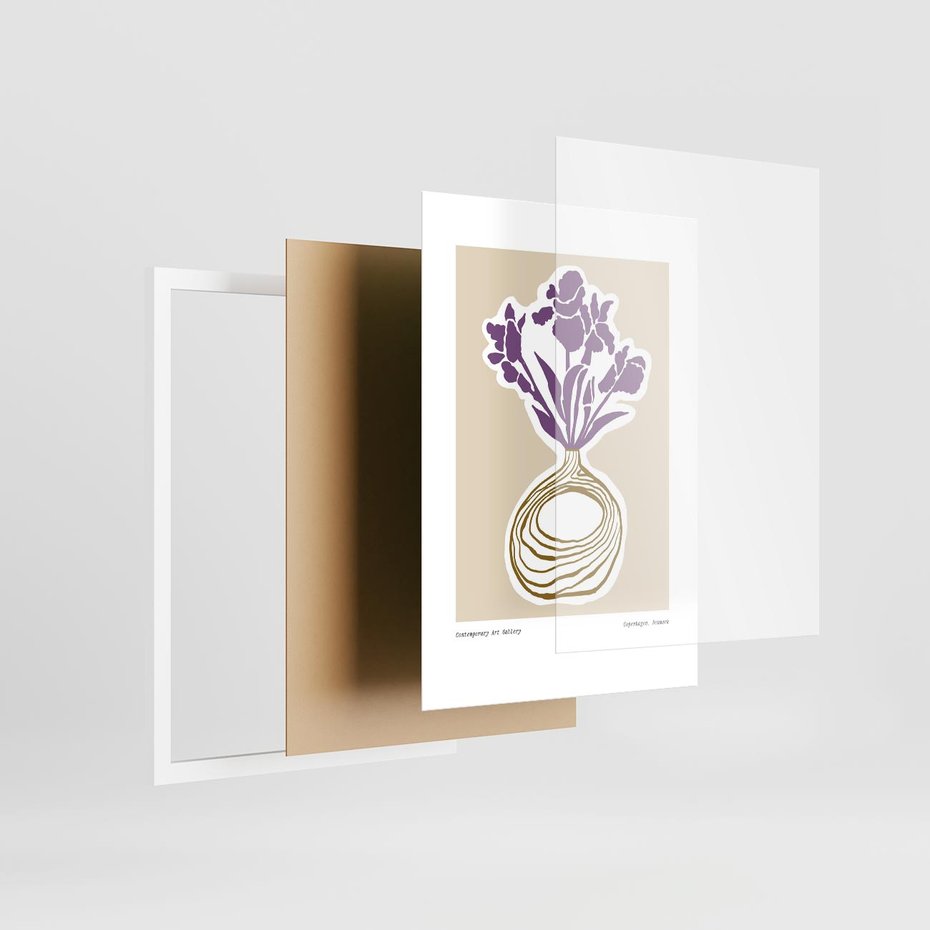 Plakat w ramie 50x70 - Migocące Anomalie - abstrakcyjne liście, kwiaty tropikalne w wazonie - rama biała