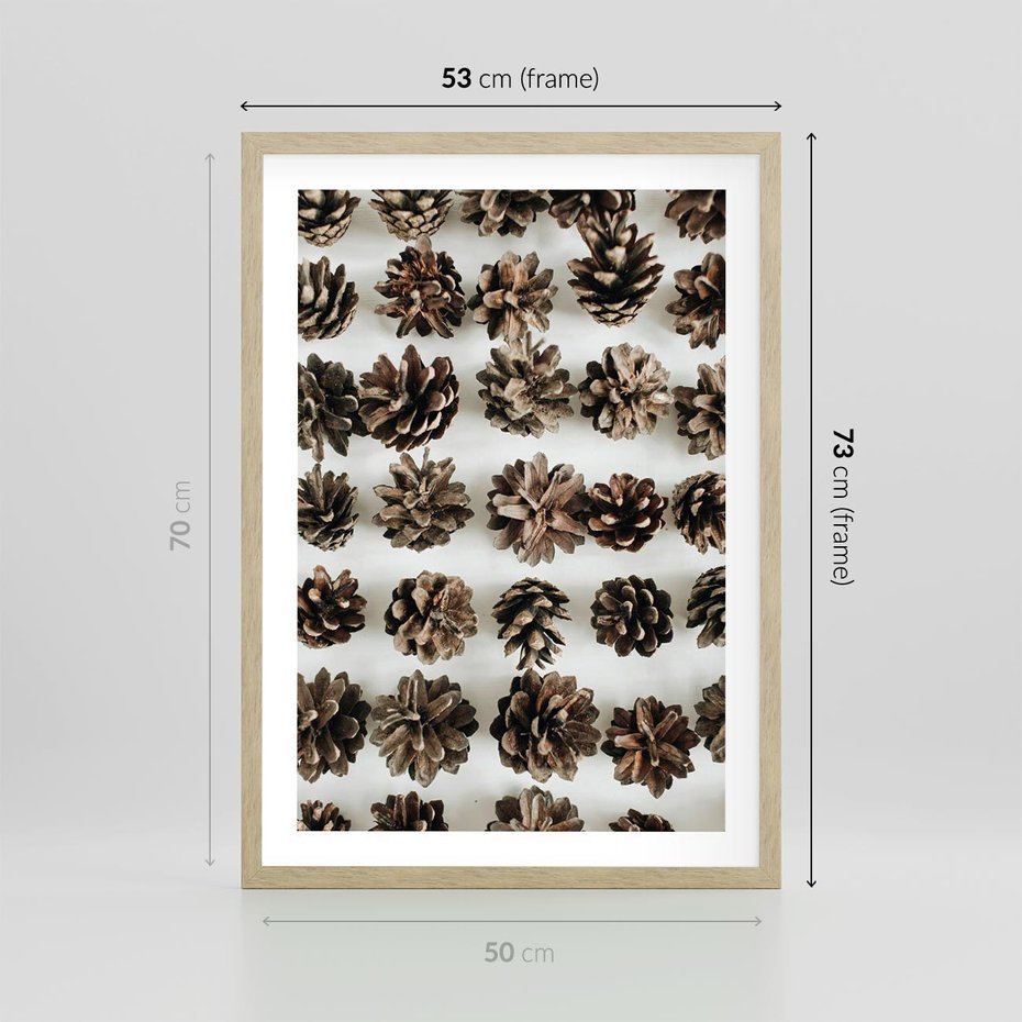 Plakat w ramie 50x70 - Jesienna Tekstura - kompozycja z suchych szyszek, jesienne szyszki - rama drewno