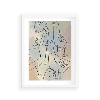 Plakat w ramie 30x40 - Strukturalna Gromada - abstrakcyjny plakat, szkic ptaków - rama biała