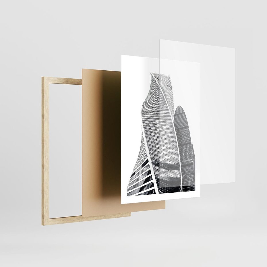 Plakat w ramie 50x70 - Wieżowce z Falistymi Kształtami - nowoczesne wieżowce, czarno biała fotografia - rama drewno