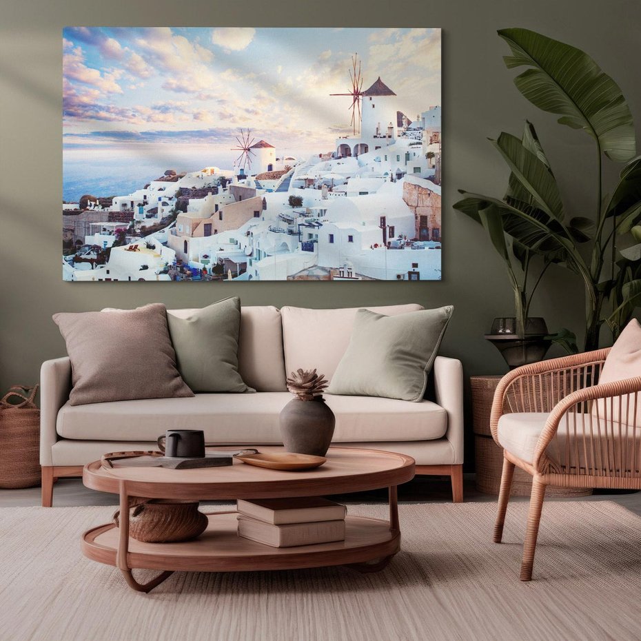 Obraz na płótnie 120x80 - Biel ponad Błękitem - Santorini, białe budynki