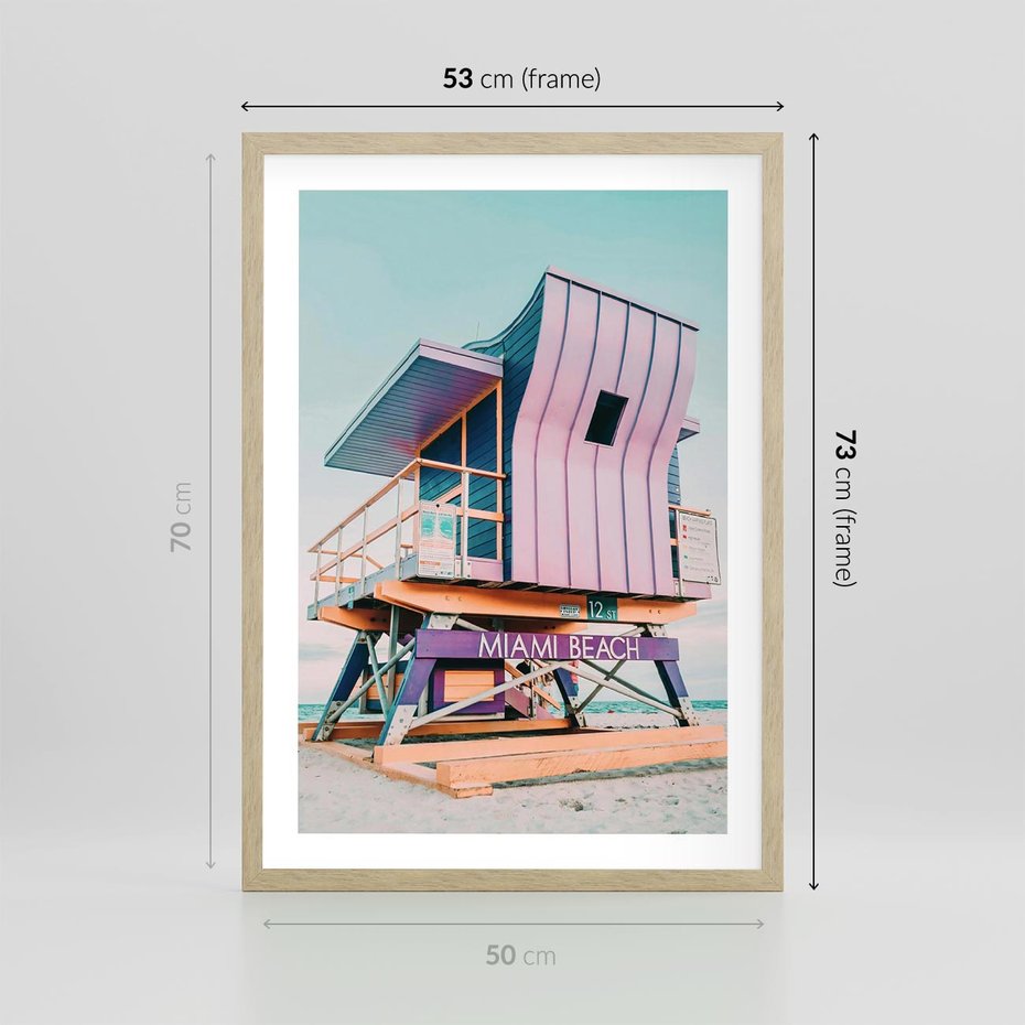 Plakat w ramie 50x70 - Miami Beach - plaża miami, domek ratownika - rama drewno