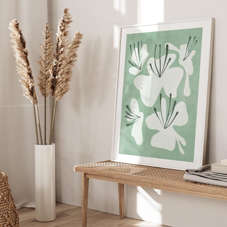 Plakat bez ramy 21x30 - Rozkwitające Ukojenie - zgaszona zieleń, kwiaty