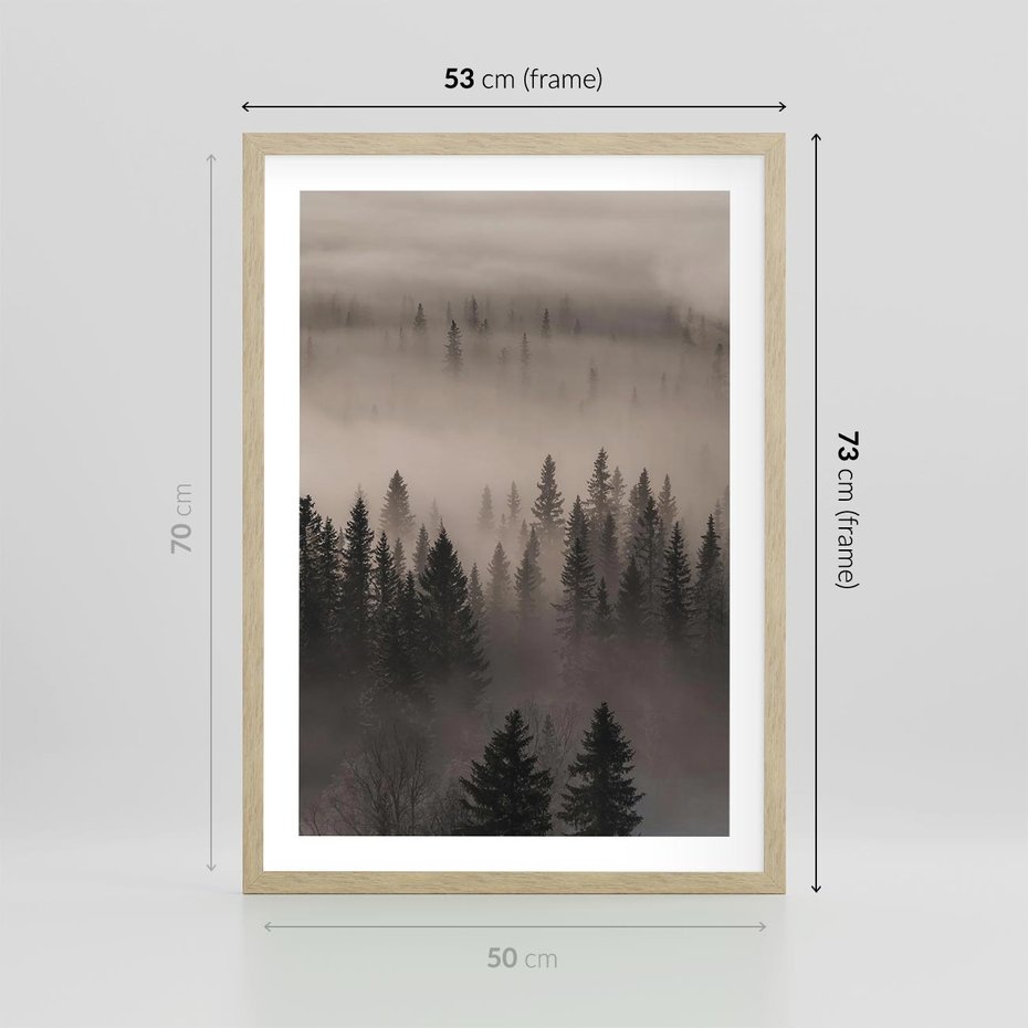 Plakat w ramie 50x70 - Mglista Opowieść Lasu - las, mgła - rama drewno