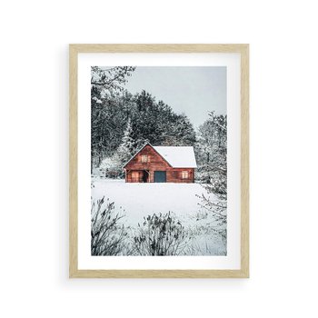 Plakat w ramie 40x50 - Domek w Górach Pokryty Śniegiem - domek w górach, śnieg - rama drewno