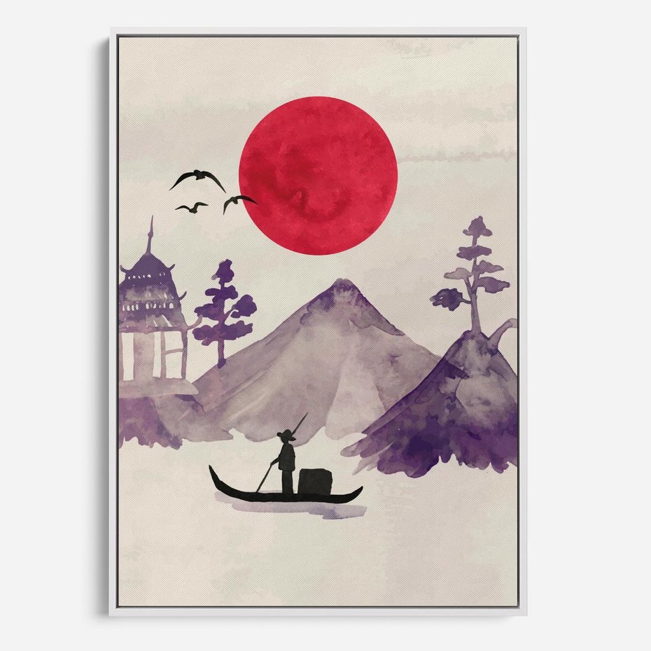 Obraz w ramie 70x100 - Odbicie Słońca - japońska sztuka, akwarela - rama biała