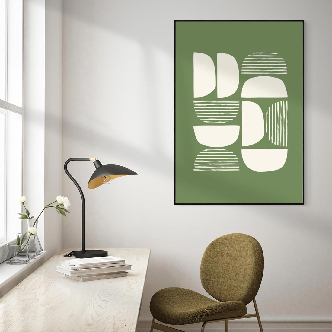 Obraz w ramie 70x100 - Migotliwe Formy - geometryczne boho kształty na brązowym, oliwkowym tle - rama czarna