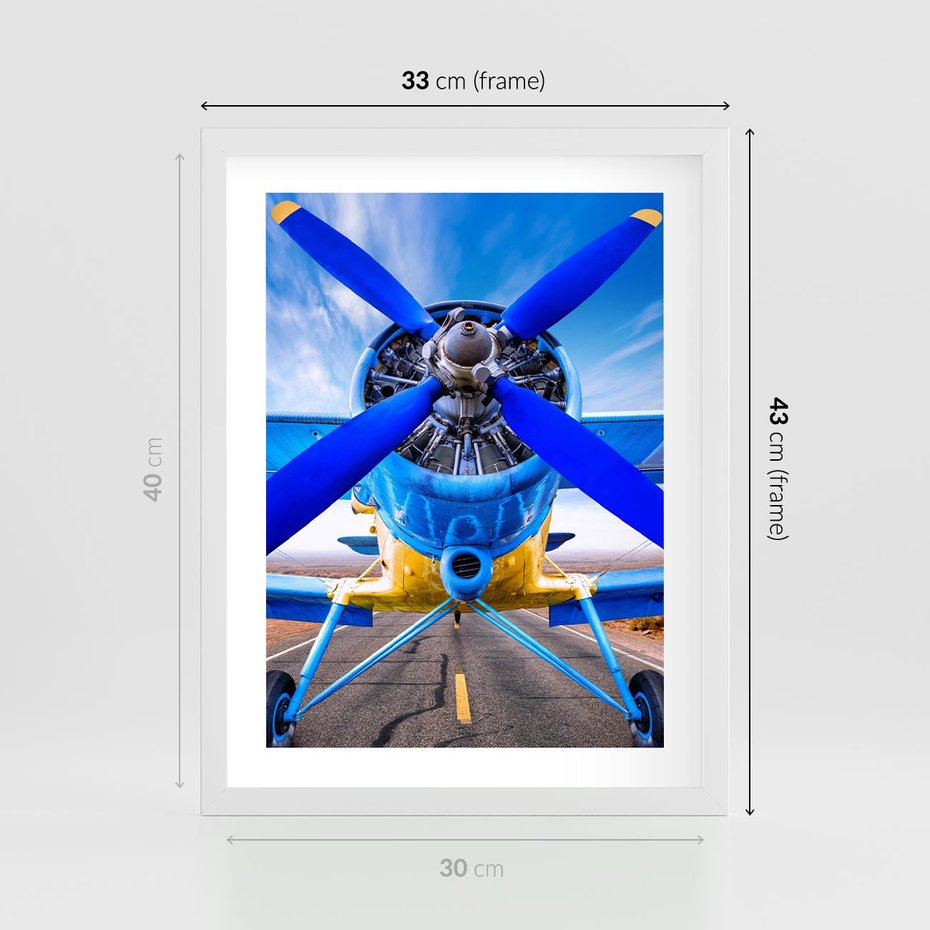 Plakat w ramie 30x40 - Śmigłowiec indygo - samolot, śmigło - rama biała