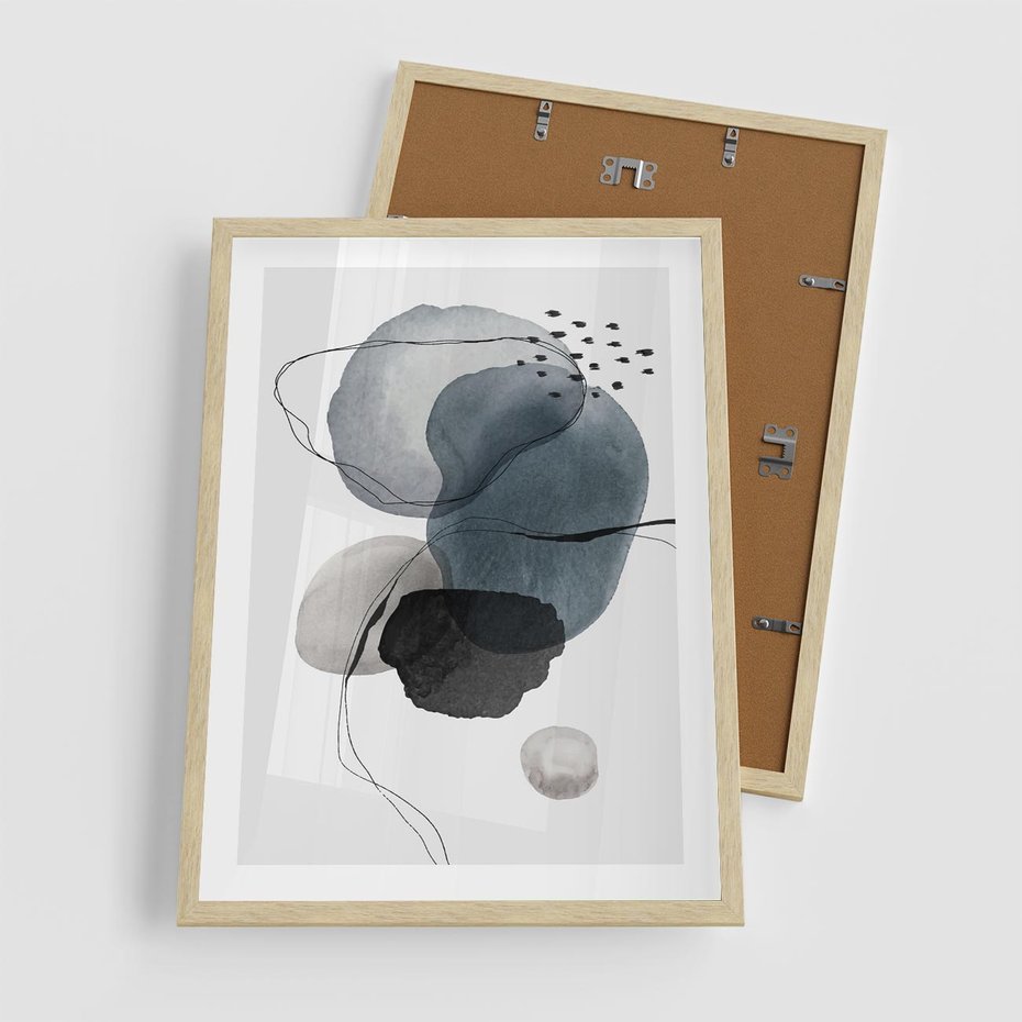 Plakat w ramie 50x70 - Wibracje Kształtów - abstrakcyjne plamy akwarelowe, czarny szkic - rama drewno