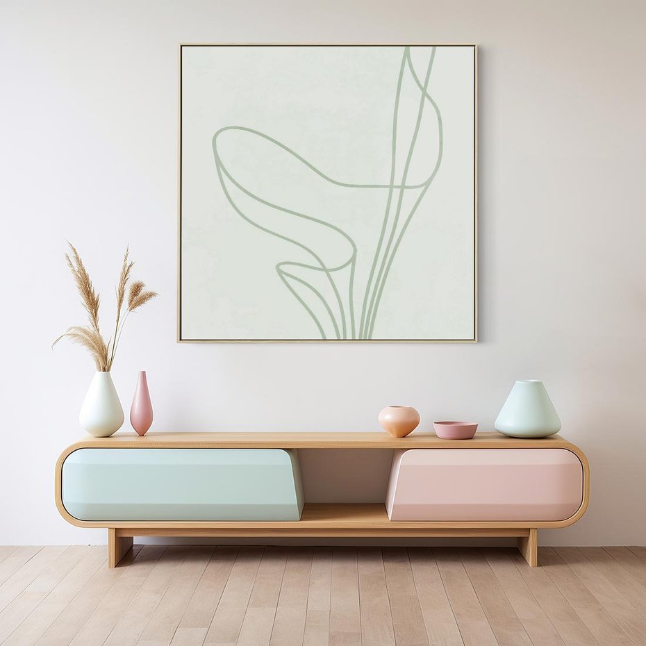 Obraz w ramie 50x50 - Zielona Równowaga Linii - abstrakcyjne delikatne zielone linie, nowoczesny plakat - rama drewno