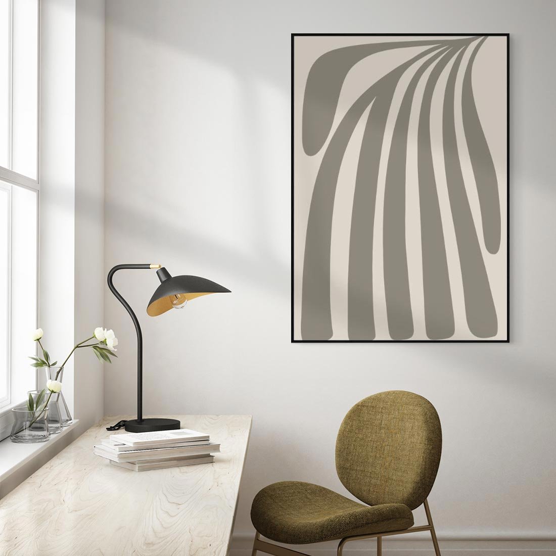 Obraz w ramie 70x100 - Beżowa Delikatność - nowoczesna sztuka, plakat modern - rama czarna