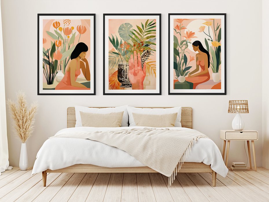 Zestaw obrazy w ramie 40x50 galeria - boho, liście, palmy, etniczne - rama czarna