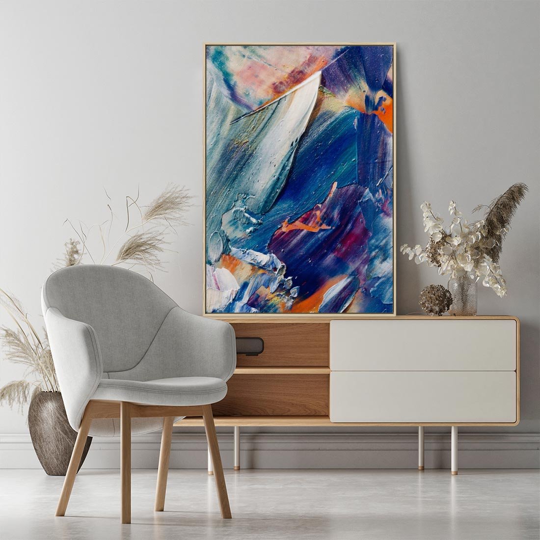 Obraz w ramie 80x120 - Rytmy ukrytych pragnień - chaos i abstrakcja, plamy koloru - rama drewno