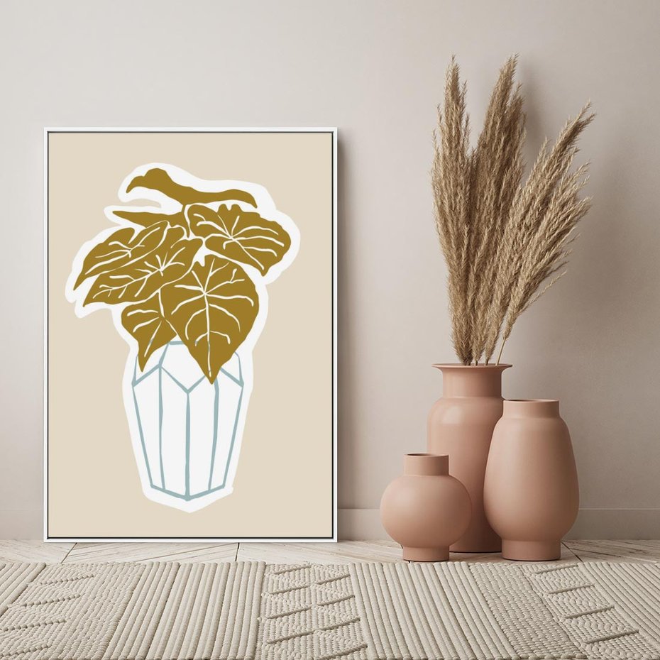 Obraz w ramie 50x70 - Bezgraniczne Marzenia - nowoczesna kompozycja, liście monstery w wazonie - rama biała