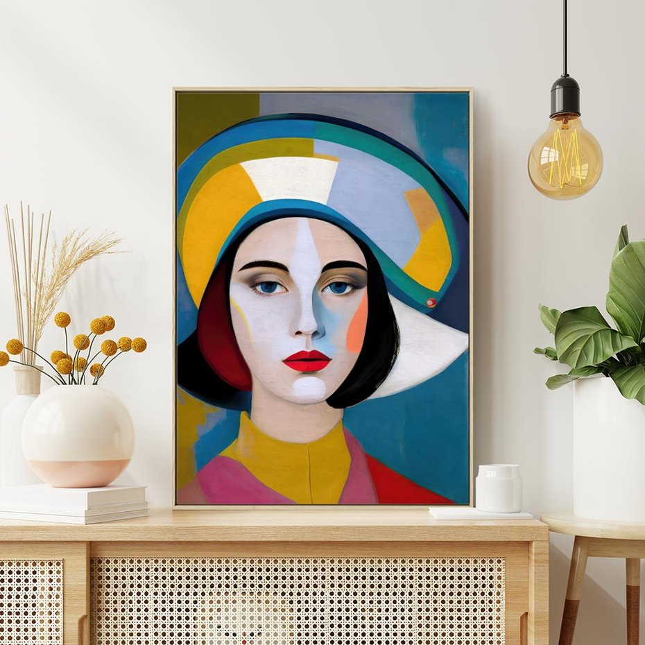 Obraz w ramie 50x70 - Kształtujące Widzenia - abstrakcyjny obraz olejny, portret twarzy kobiety - rama drewno