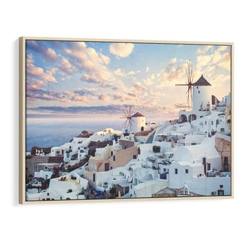 Obraz w ramie 70x50 - Biel ponad Błękitem - Santorini, białe budynki - rama drewno